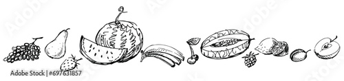 Set of sketches different ripe fruits grape bunch, pear, strawberry, watermelon, banana, cherry, melon, raspberry, lemon, plum, apple, contour hand drawings isolated on white