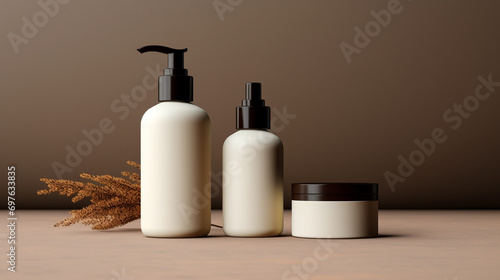 Wide banner image of empty unbranded beauty care cosmetic product and small containers with white body, without branding or texts, for mockup 
