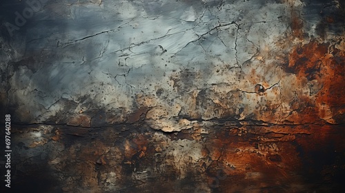 An intricate abstract painting in shades of rust and brown adorns a weathered wall, evoking feelings of nostalgia and decay