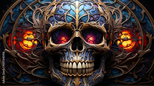 An eerie masquerade of death, the skull's vibrant hues of red and blue stare through its haunting mask of art