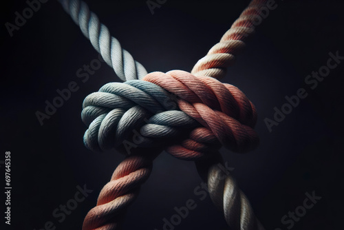 two ropes of different colors tied into a knot on dark background. ai generative