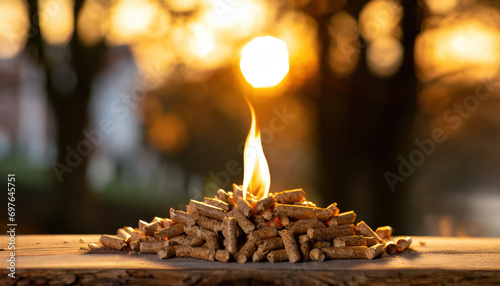 Fiery Biomass: Wood Pellets Igniting in a Pile. Generative AI