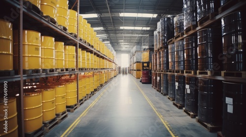 Long raves of metal drums of crude oil or hazardous waste on shelves in a large, dark chemical storage facility.