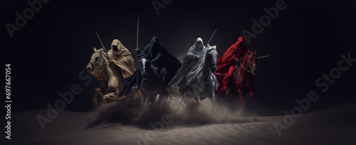 Four Horsemen of the Apocalypse - white for conquest, red for war, black for pestilence or famine, and pale for death - black background - desert landscape