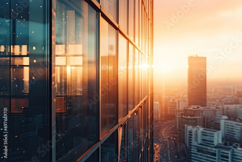 Urban skylines at sunset. Stunning image captures essence of modern cityscape showcasing dynamic interplay of architecture business and life. Towering skyscrapers dominate city economic and design