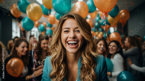 A girl smiling and raising hands up with happy mood and fun with office team celebrating an event with colorful balloons everywhere 
