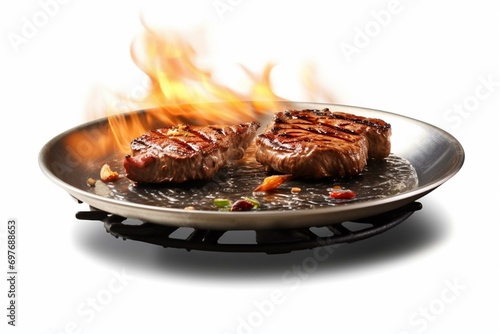 Transparent png image of a frying pan and gas stove (steak meat). Generative AI