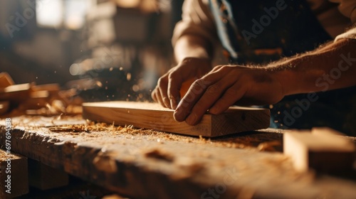 man owner a small furniture business is preparing wood for production. carpenter male is adjust wood to the desired size. architect, designer, Built-in, professional wood, craftsman, workshop.