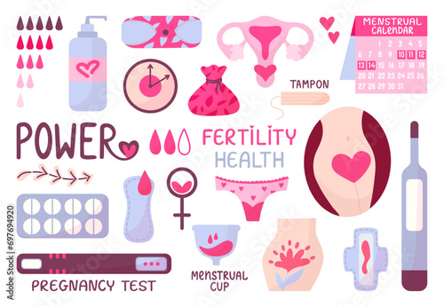 Female period calendar and hygiene elements. Gynecology and fertility, clock of woman health. Menstruation, decorative menstrual neoteric vector set