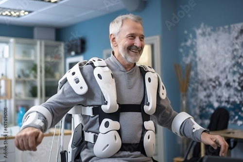 elderly disabled man in an exoskeleton. Concept of innovative technologies in medicine