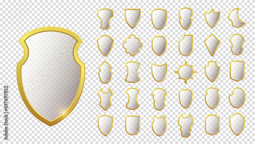 Set of realistic golden heraldic shields. Glass and glossy shield collection. Vector illustration.