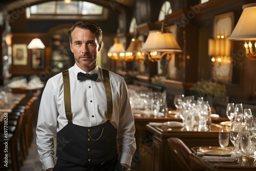 Elegant waiter, sommelier or head waiter in a luxury restaurant. Owner of a hotel or restaurant business.