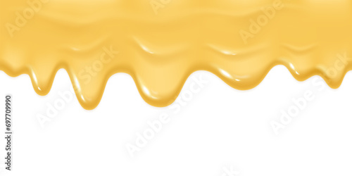 Realistic melted cheese. Hot cheeses flowing liquid, ghee thick mayonnaise drip cream syrup spilling cheeseoil fondue or tasty pizza melt cheddar border nowaday vector illustration