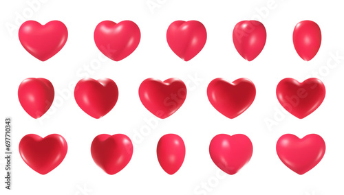 3d heart rotation. Isolated hearts shape animation for cartoon game, valentine day wedding scarlet love symbol, sprite sheet looping objects realistic nowaday vector illustration