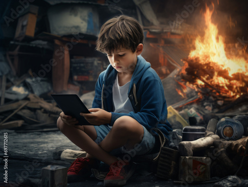 Niño adicto a las pantallas y a las redes sociales mientras el mundo pasa a su alrededor