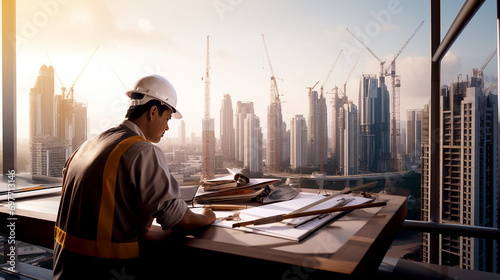 Structural engineer and foreman worker. Engineer teams meeting working together wear worker helmets on skyscraper building construction. Generative AI