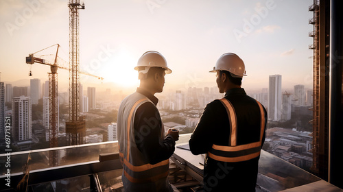Structural engineer and foreman worker. Engineer teams meeting working together wear worker helmets on skyscraper building construction. Generative AI