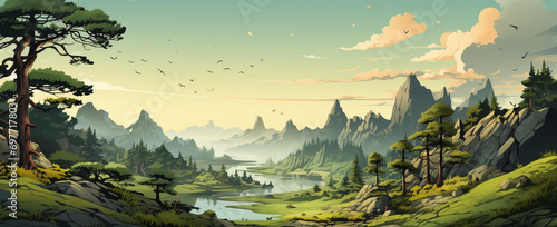 wide panoramic landscape Illustration scenery drawing, morning sunrise with colorful cool bluish effect and clouds with bright sky through foggy, greeny mountain range coved with forest