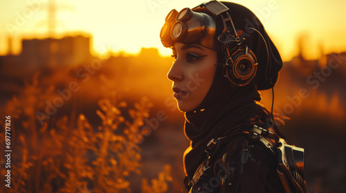 A cyborg woman in hijab gazes into the distance. Arabic girl cyborg portrait wearing electronics armor shell as android, cinematic shot, during dusk. Cyber war futuristic concept. Women in tech future
