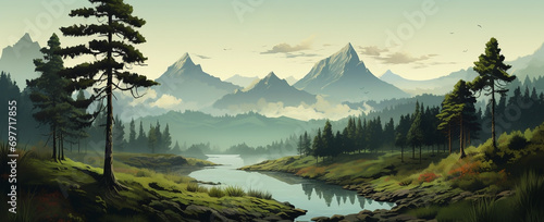 wide panoramic landscape Illustration scenery drawing, morning sunrise with colorful cool bluish effect and clouds with bright sky through foggy, greeny mountain range coved with forest