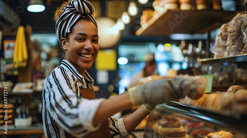 Smiling Female Baker Serving Customer in Retail Shop