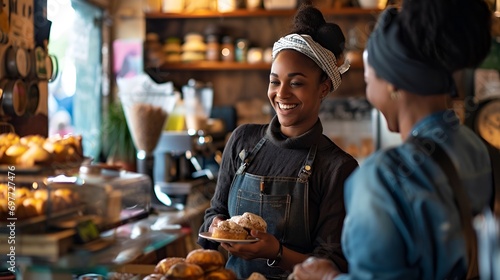 Smiling Female Baker Serving Customer in Bakery Shop