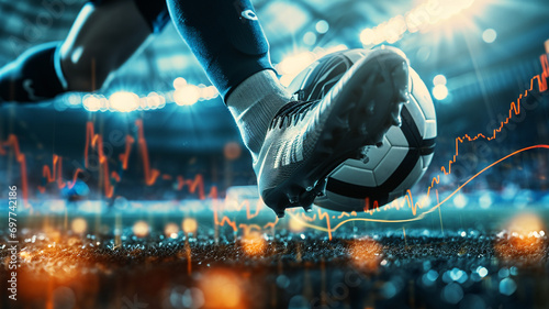 portrait of foot of a soccer player kicking a ball, investing or trading in stock or currency market background concept
