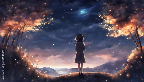 anime girl watching the night stars digital art