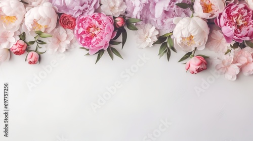 Peoniesroses on white background with copy space.Romantic feminine composition, mother's day,International Women day,generated with AI.