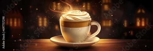 Coffee with foam and steam on white cup standing on wooden table on dark background with blurred night city landscape. Cappuccino or latte. Hot mourning drink. Banner with copy space