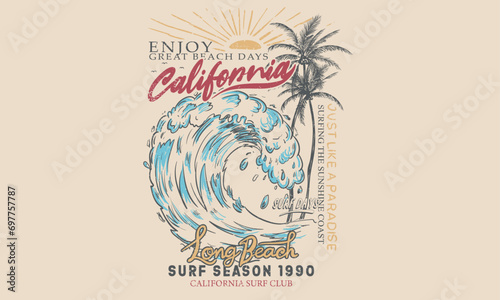 Sunshine beach club graphic print design for t shirt print, poster, sticker and other uses. California long beach . Ocean wave. Palm tree print artwork. Good vibes. 