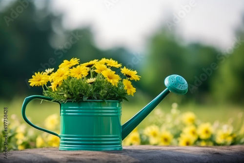 Antique Green Watering Can with Yellow Blooms