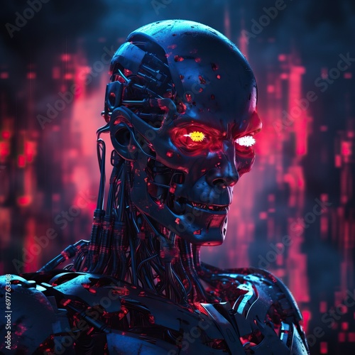 an evil Terminator-style artificial intelligence overheating. Cyan and red colors. Neon lights. Darkness. Dark background of circuits and binary codes descending vertically. 97:57. Great color contras