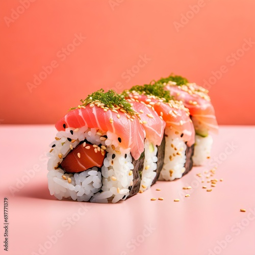 Asian and oriental food, sulli rolls on a salmon colored background