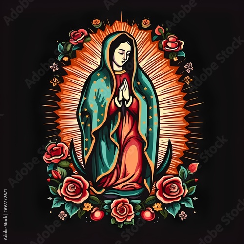 Virgin of Guadalupe illustration, celebration every December 12 in the Basilica of Guadalupe, a highly venerated virgin in Mexico and Latin America, also known as the brown virgin