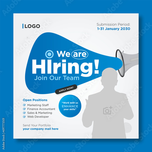 We are hiring job vacancy social media post design template. square web banner template or employee recruitment post banner design.