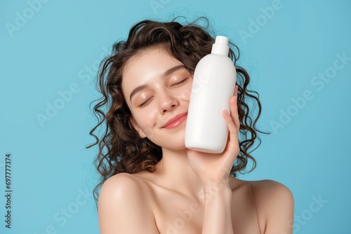 young girl hold blank shampoo bottle and conditioner for hair on blue background, smiling woman portrait, moisturizing spa body care bodycare concept