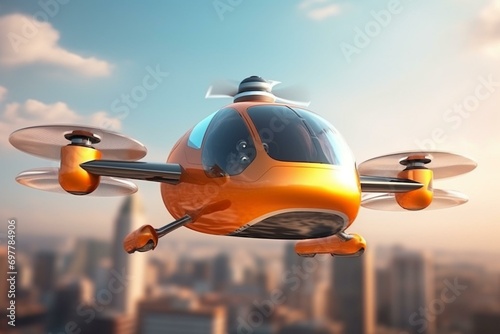Unmanned aerial taxi takes off for client. Futuristic concept of pilotless passenger air taxi. 3D rendering. Generative AI