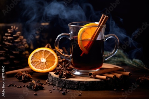 Aromatic hot mulled wine in glass cap with spices and citrus fruit on a table. Snow in evening. Concept of festive atmosphere and cozy winter mood. Traditional hot Christmas drink