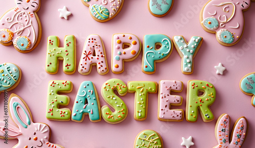 festive letter happy easter, egg shaped as cookies with bunny and eggs on pink background 