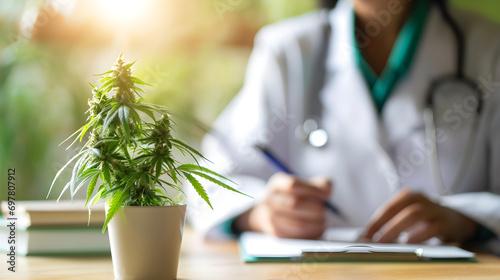 Medizinische Versorgung: Cannabis-Pflanze auf Arzttisch mit verschreibender Ärztin im Hintergrund