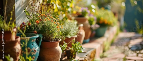 a garden with pots and flowers