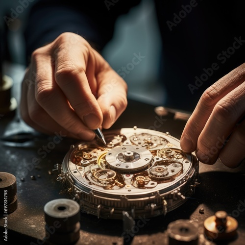Close-up of watchmaker repairing intricate mechanical watch