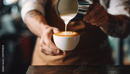 Barista pouring milk to create latte art for coffeehouse marketing