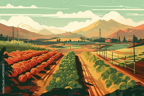 Illustration of a tomato farm with organic produce. Generative AI