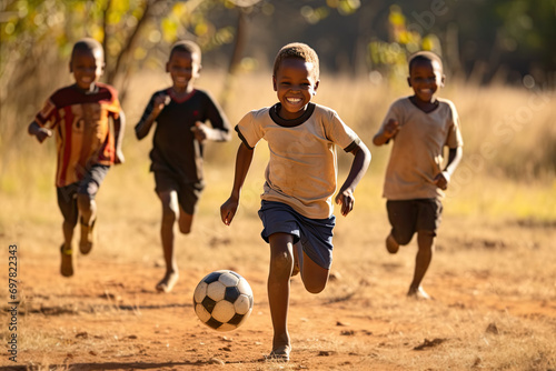 In the suburban neighborhood, a group of joyful friends, including a young African American boy, engage in a lively game of football.