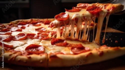 Delicious pepperoni pizza, sausage pizza, italian pepperoni pizza in pizzeria, italian food, pizza slice
