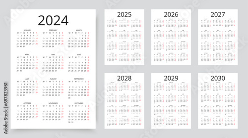 Calendar for 2024, 2025, 2026, 2027, 2028, 2029, 20230 years. Simple calender layout. Week starts Monday. Pocket or wall calendars. Planner template with 12 month. Yearly rganizer. Vector illustration