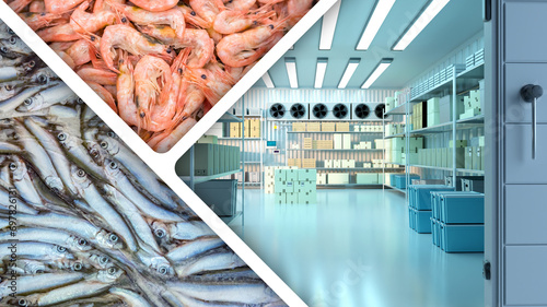 Industrial freezer for fish. Frozen seafood products near cold storage warehouse. Supermarket refrigerator with shrimp in boxes. Freezing equipment for storing fish. Cold refrigerator storage