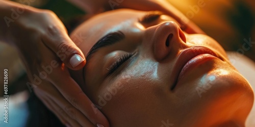A woman receiving a relaxing facial massage at a spa. Ideal for promoting self-care and beauty treatments